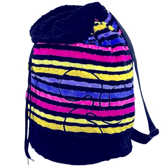 Triple Flip Black Colourful Striped velvety Velour Minkie Bucket Style Back Pack - Picture 1 of 14